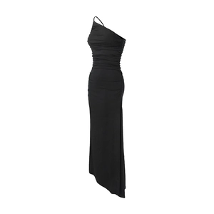 Detail view of side ruching and asymmetrical one-shoulder design on black maxi dress