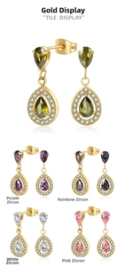 Detail of pear-cut zircon drop earrings in olive, purple, white, and pink with gold plating