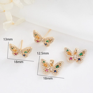 Macro shot of butterfly earring set with colorful zircon stones and 18mm size markings