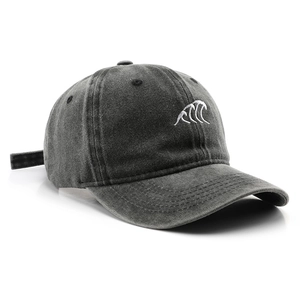 Vintage washed charcoal baseball cap with white wave embroidery on a plain background