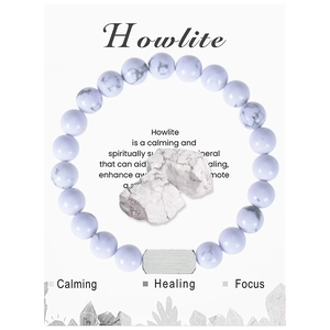 Close-up of a natural white Howlite beaded bracelet displayed on a marble-themed gift card