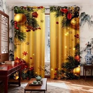 Christmas 3D Printed Shower Curtain Waterproof Polyester Fabric Grommet Top Gold Floral Holiday Bathroom Decor For Home