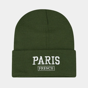 Detail of forest green ribbed beanie featuring white Paris French embroidery