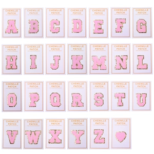 Pink chenille 26 alphabet patches with gold glitter edges and peel and stick adhesive