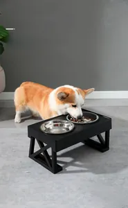 Verhoogde dubbele voerbak met roestvrijstalen schaal gebruikt door een Corgi voor de nek