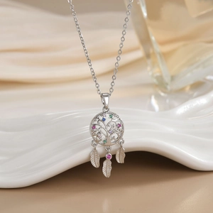 Colorful dreamcatcher necklace with silver tree of life pendant and crystal feathers