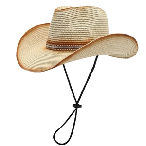 Unisex straw cowboy hat with sunflower leather band and adjustable chin strap
