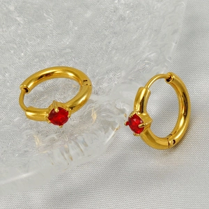 Minimalist gold stainless steel hoop earrings with sparkling red zircon gemstones