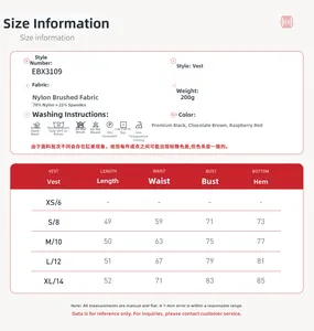 Detailed size guide and fabric specifications for women's three-piece yoga set vest