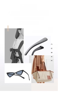 Detail of black cat-eye sunglasses with artistic curves and vintage fashion silhouette
