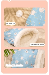 Detailed view of plush interior and cute cartoon prints on light blue pet sleeping bag