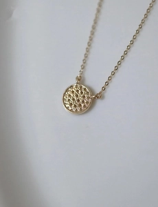 Macro detail of the 14k gold-plated S925 silver necklace with mesh textured round pendant