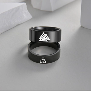 8mm black stainless steel Viking rings with Celtic knots on minimalist stone
