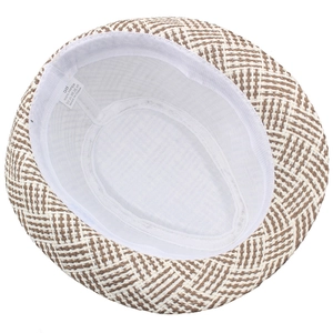 Detail of breathable paper straw fedora hat showing inner lining and 100% paper material tag