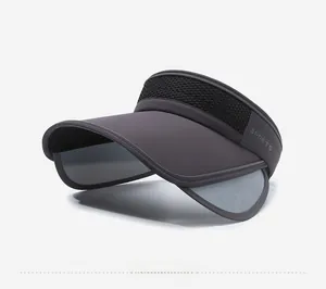 Detail of grey sun visor with extendable brim and breathable black mesh fabric