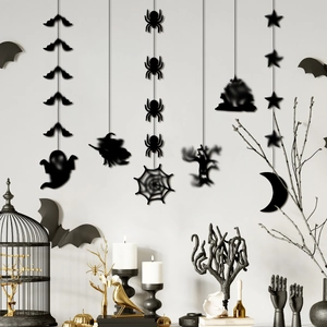 Halloween black silhouette hanging decorations featuring bat, spider, ghost and witch