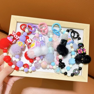 Handmade colorful plush bead phone chains with metal rings in five vibrant colors