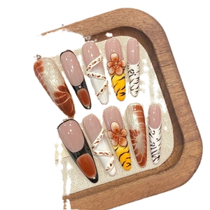 Handmade leopard and floral long coffin press-on nails set with 3D carved textures
