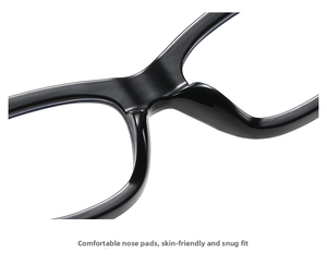 Macro detail of the smooth bridge and integrated nose pads on black cat-eye glasses