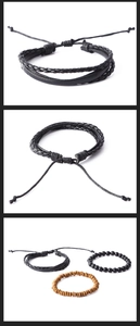 Détails de l'ensemble 3 pièces avec cuir tressé noir, bois brun et perles de pierre