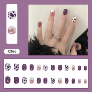 Short square press-on nails set R366 with purple cow print and pink drip design