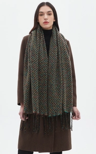 Close-up of thick multicolored knit scarf with fringe detail and melange texture