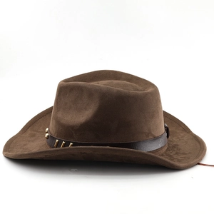 Brown western cowboy hat side view featuring leather band and gold square metal studs