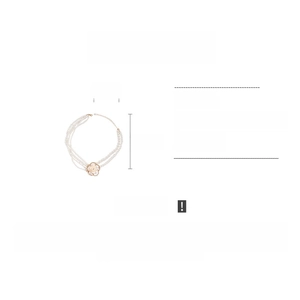 Detail of multilayer pearl necklace featuring camellia pendant with size measurements