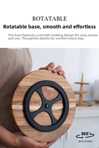 Detail view of the 360-degree rotating base on a wooden dessert display cake stand