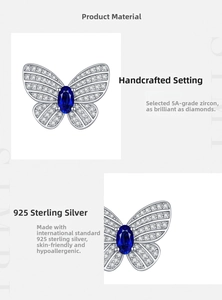 Détail des boucles d'oreilles papillon en argent S925 avec zircons bleus royaux polis