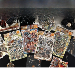 Macro detail of large 2.5D retro indoor scene stickers for journaling art