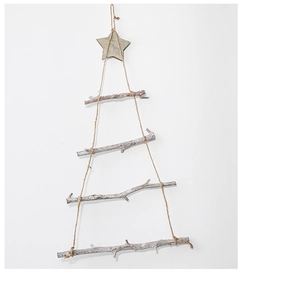 Rustic wall-mounted wooden Christmas tree made of natural branches and jute ropes