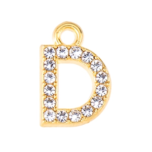 Detailed close-up of a gold-plated letter D pendant featuring sparkling crystal rhinestones