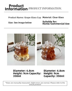 Detailed view of grape-shaped 350ml heat-resistant glass cup with dimensions and texture