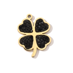 French style gold-plated stainless steel four-leaf clover pendant with black rhinestones