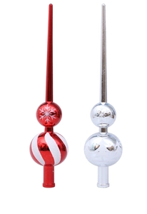 Detail of red and silver Christmas tree toppers with snowflake and glitter patterns