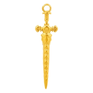 Macro detail of golden sword pendant with intricate engravings and embossed hilt design