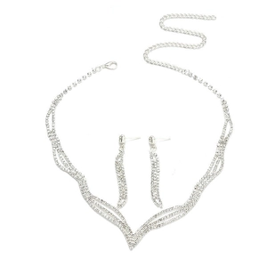 Elegant silver rhinestone V-shaped necklace and drop earrings bridal jewelry set
