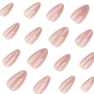 Nude cat-eye glitter press-on nails in short almond shape displayed on white background