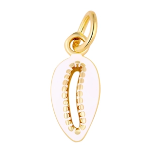 Macro detail of a golden and white cowrie shell pendant charm for DIY jewelry making