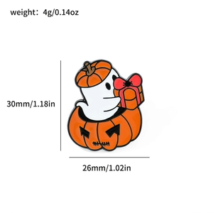 Cartoon Halloween ghost and pumpkin metal badge showing 30mm x 26mm size dimensions