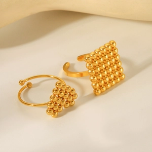 18K gold plated stainless steel open rings with geometric shapes and beaded texture