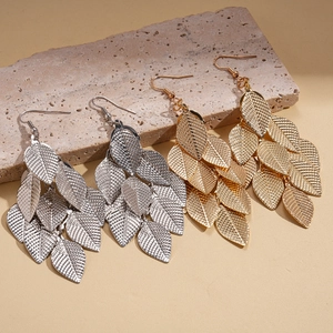 Chic layered metallic leaf fringe drop earrings in gold and silver finish with hooks