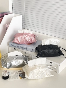 Glossy PU Leather Quilted Tissue Box Cover With Bowknot Hanging Portable Waterproof For Car Home Desktop Ins Style