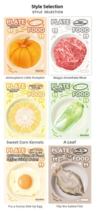 Macro detail of six creative food-shaped sticky notes including steak and cabbage designs