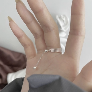 Minimalist S925 sterling silver four-layer beaded adjustable ring for women with tassel