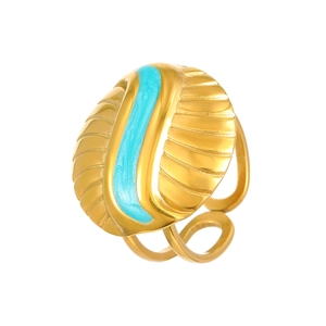 Detail of gold-plated sunburst texture ring featuring turquoise blue enamel center