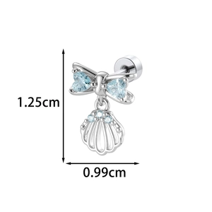 Silver bow shell earring with light blue heart zircon and 1.25cm height dimension mark