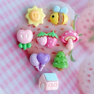 Colorful mini resin DIY charms set including bee, flower, mushroom, and house shapes