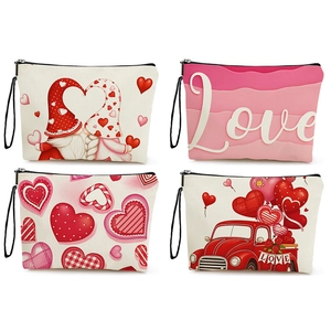 Linen Cosmetic Bag Zipper Makeup Pouch Valentine Hearts Gnomes Travel Storage Portable Organizer Case For Women